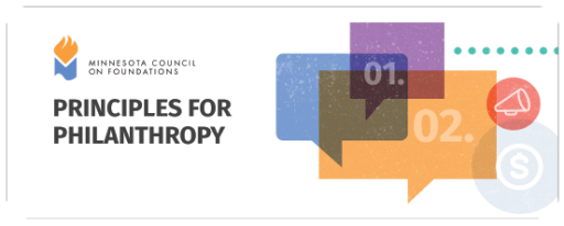 A banner reading "Principles for Philanthropy" with multicolored text bubbles