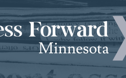 Background is navy blue with a transparent stack of newspaper; in the foreground is the white Press Forward Minnesota logo with the gray and white chevron icon.