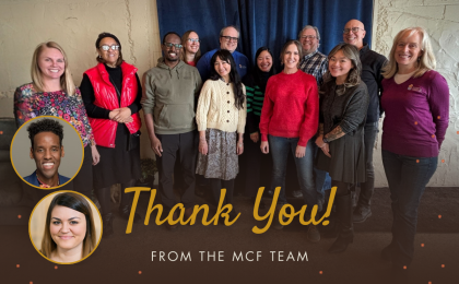 A photo of all MCF staff members that reads "Thank you from the MCF team"