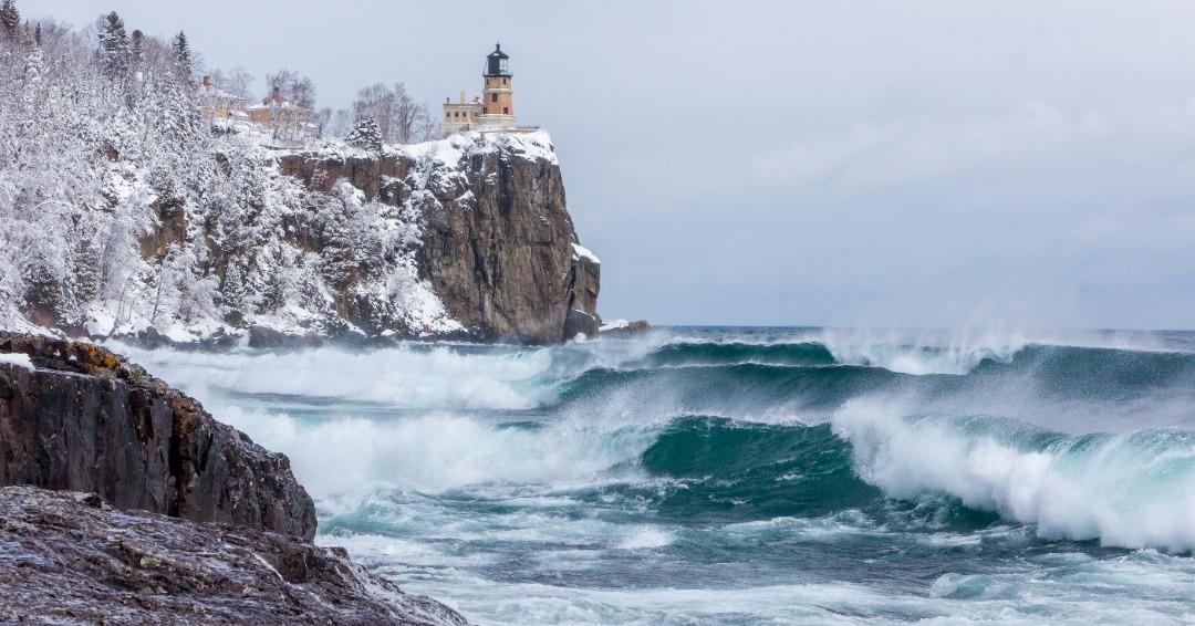 Split Rock Lighthouse over Lake Superior in winter