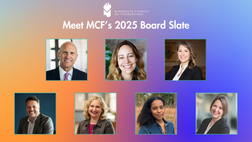 Background is orange, purple, and blue gradient on the forefront is seven teal boarded square headshots of seven 2025 MCF board applicants. On top of the graphic is the white MCF logo and beneath it reads: "Meet MCF's 2025 Board Slate" in white, bold letters.