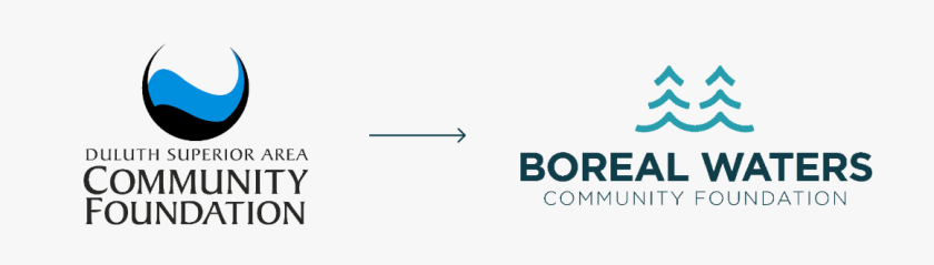 A graphic showing a branding transition from the Duluth Superior Area Community Foundation and the Boreal Waters Community Foundation