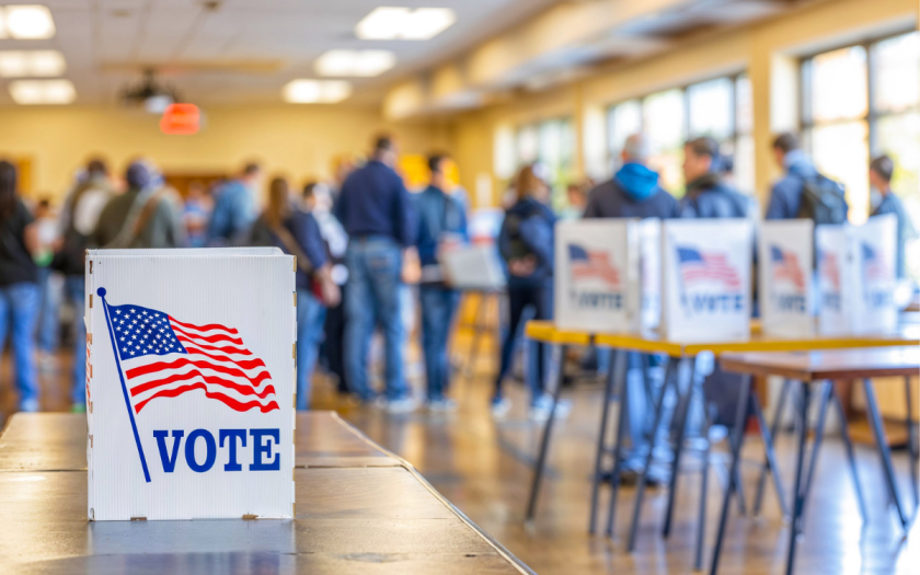Polling place with crowd of people lined up to vote.